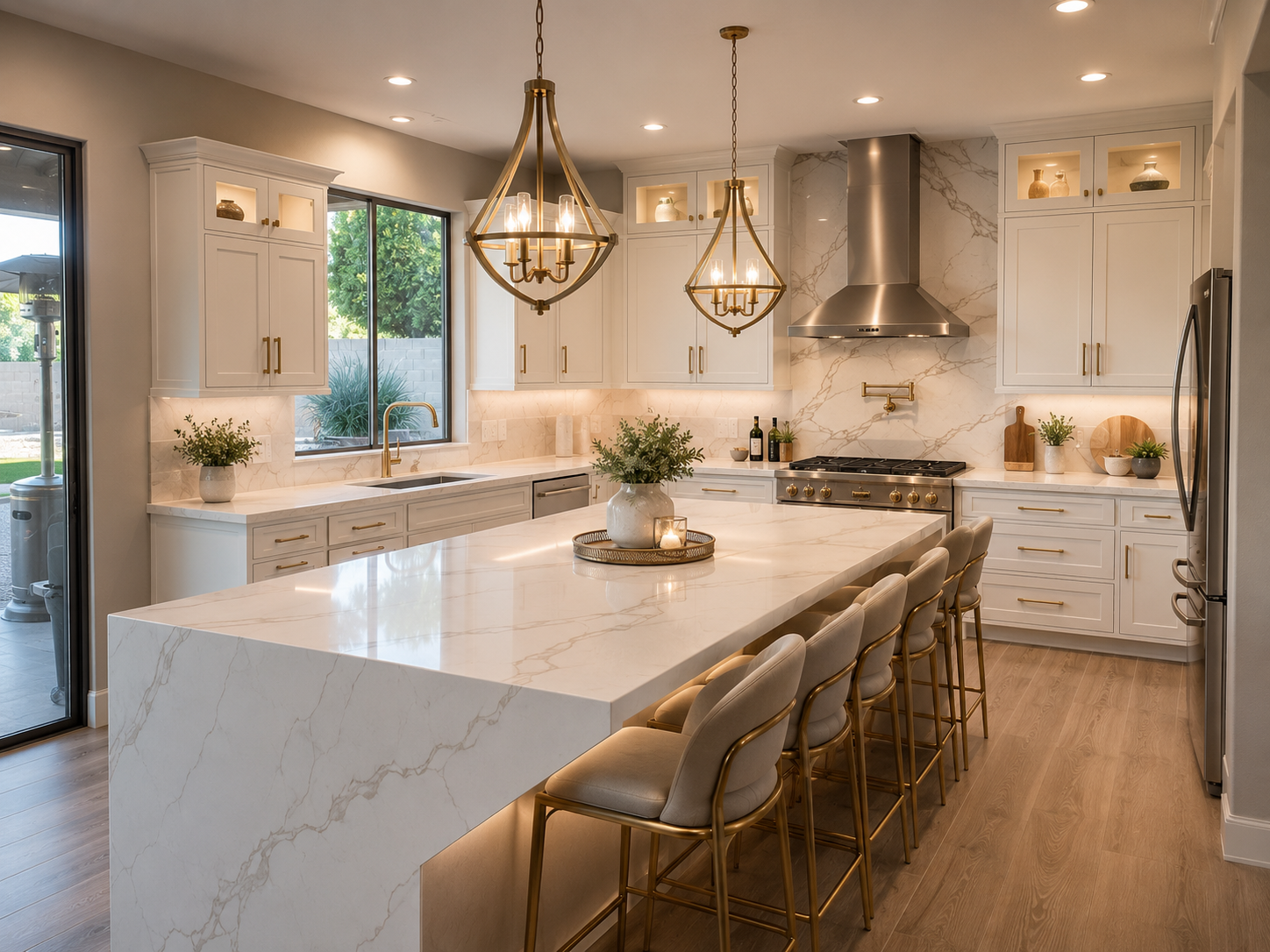 JBS project representation · White kitchen with quartz waterfall island and brass fixtures